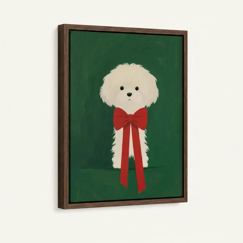 Angled product view of framed canvas — white fluffy dog with red bow on forest green with walnut float frame