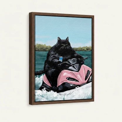 Close-up of chonky black cat jet ski canvas in walnut floater frame, angled product shot on white background