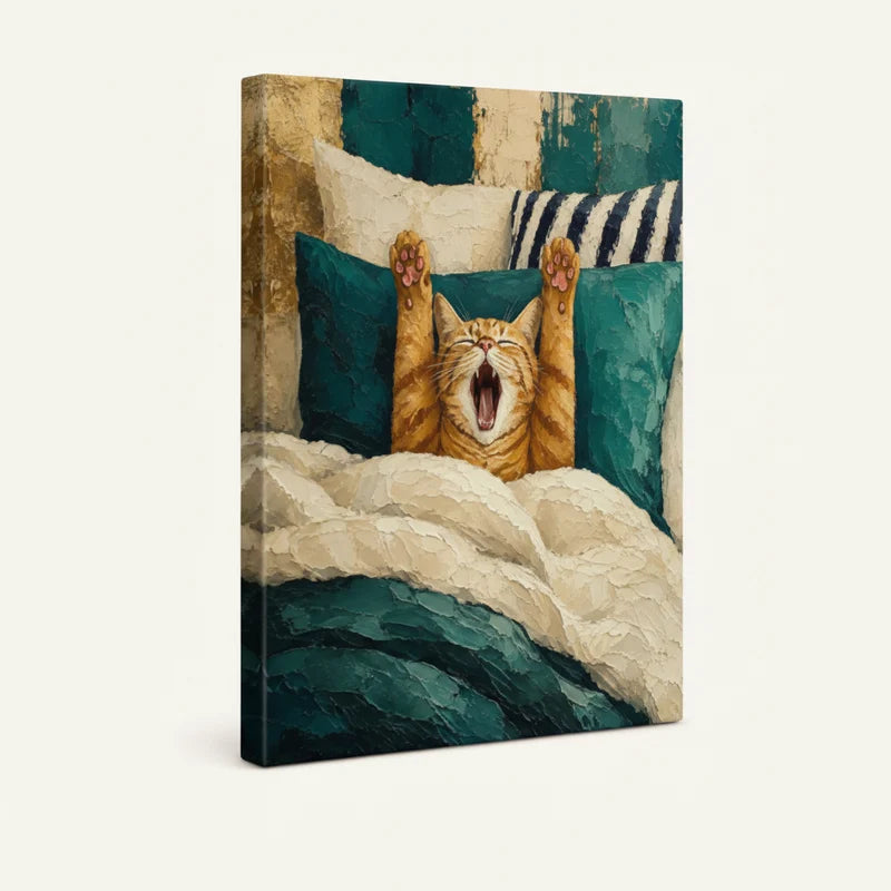 Gallery-wrapped orange cat yawning canvas print shown as standalone product on white background