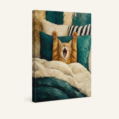 Gallery-wrapped orange cat yawning canvas print shown as standalone product on white background