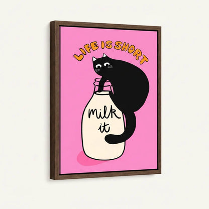 Framed canvas side view of black cat on milk bottle with hot pink background and retro orange lettering