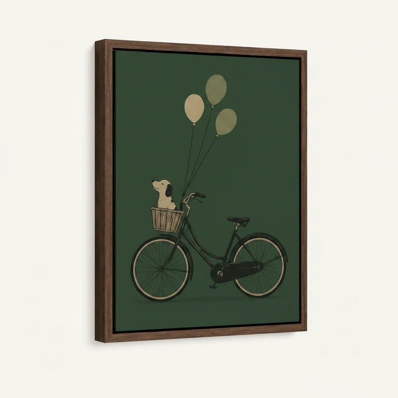 Floater-framed canvas close-up showing dog in basket with balloons on deep forest green background