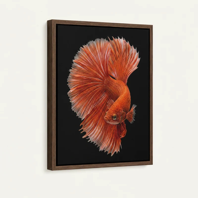Angled product view of framed canvas — black cat on pink balloon dog with walnut float frame on white background