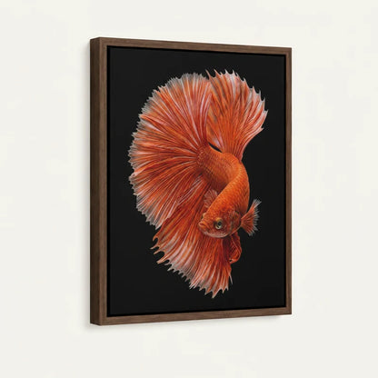 Angled product view of framed canvas — black cat on pink balloon dog with walnut float frame on white background