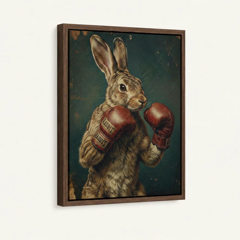 Framed canvas close-up of brown rabbit in red leather boxing gloves on distressed teal background