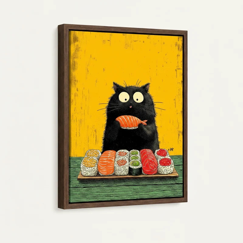 Angled view of framed floater canvas showing chubby black cat holding salmon nigiri on yellow background
