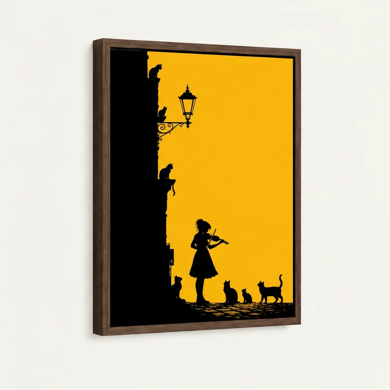 Close-up of violinist and cats silhouette canvas in walnut floater frame, angled product shot on white background