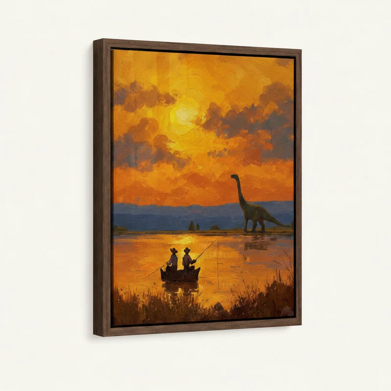 Angled product view of framed canvas — dinosaur sunset scene with walnut float frame on white background
