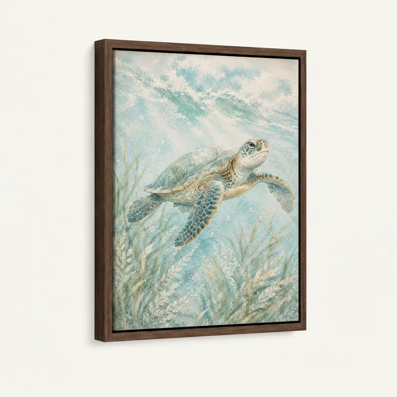 Close-up of framed sea turtle watercolor canvas art showing teal ocean and sea grass detail