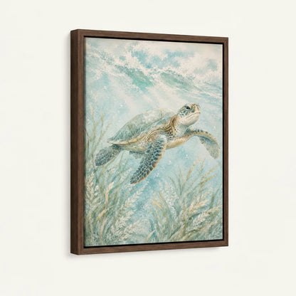 Close-up of framed sea turtle watercolor canvas art showing teal ocean and sea grass detail