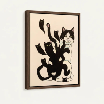 Black and white cat shadow canvas in dark walnut floater frame, 3/4 angle view on cream background