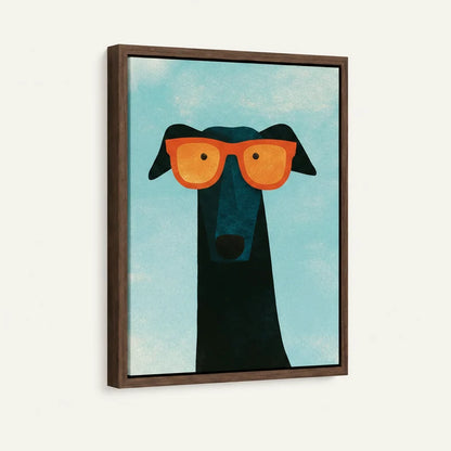 Framed canvas close-up of black greyhound wearing oversized orange sunglasses on sky-blue background