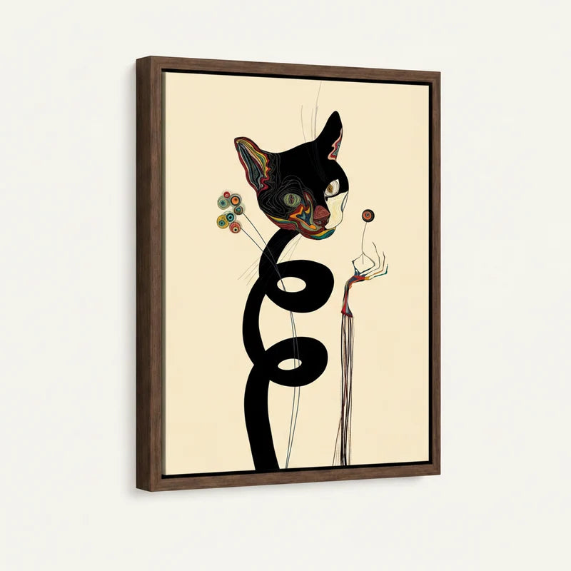 Angled framed floater canvas showing coiled black cat with psychedelic face on cream background