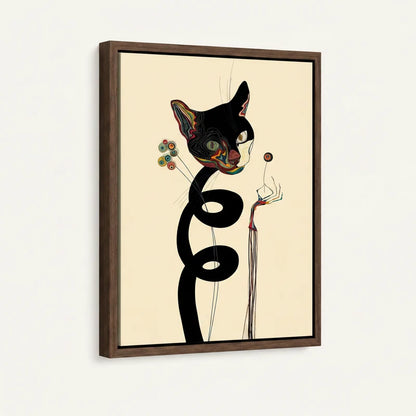 Angled framed floater canvas showing coiled black cat with psychedelic face on cream background