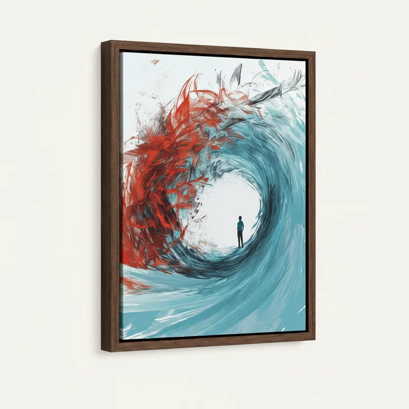 Lone figure inside abstract teal wave canvas in dark walnut floater frame, 3/4 angle view on white background