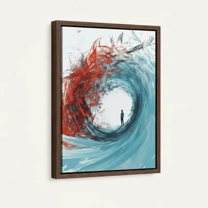 Lone figure inside abstract teal wave canvas in dark walnut floater frame, 3/4 angle view on white background