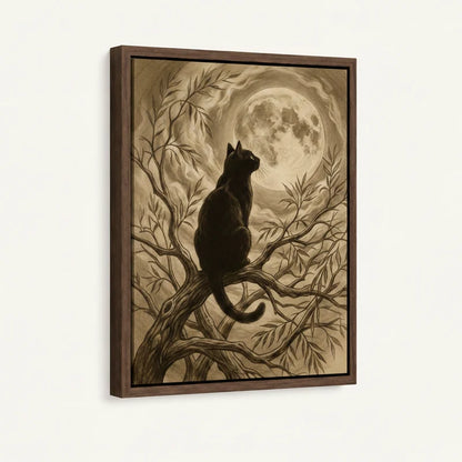 Black cat moonlit branches framed canvas with dark walnut floater frame, 3/4 angle view