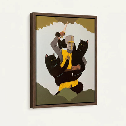 Framed canvas side view of armored knight flanked by two smiling black cats on olive gold cloudy background