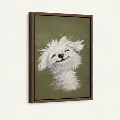 Angled product view of framed canvas — happy white fluffy dog with eyes closed on sage green in walnut float frame