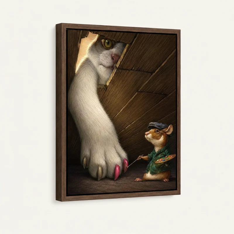 Mouse artist and giant cat paw canvas in dark walnut floater frame, 3/4 angle view on white background