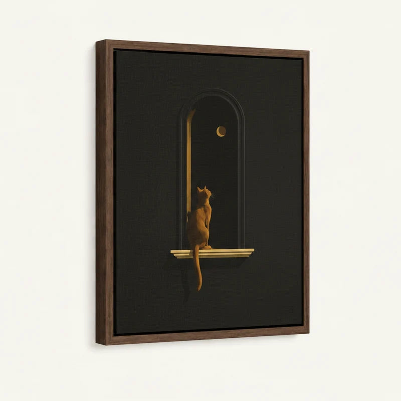 Angled close-up of framed canvas showing golden cat on gilded ledge gazing at crescent moon in dark arch