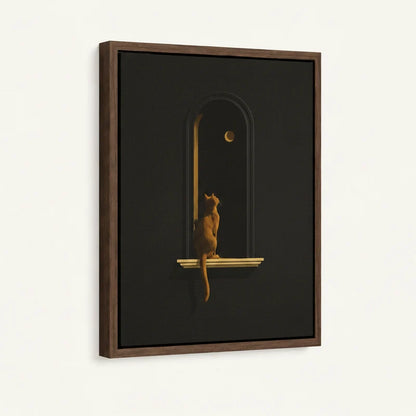Angled close-up of framed canvas showing golden cat on gilded ledge gazing at crescent moon in dark arch
