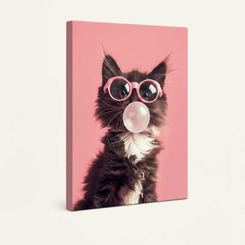 Gallery-wrapped black kitten pink sunglasses bubble gum canvas print shown at angle on white background