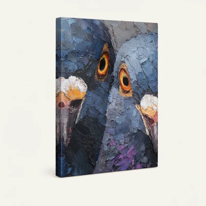Gallery-wrapped bold pigeon close-up canvas print shown as standalone product on white background