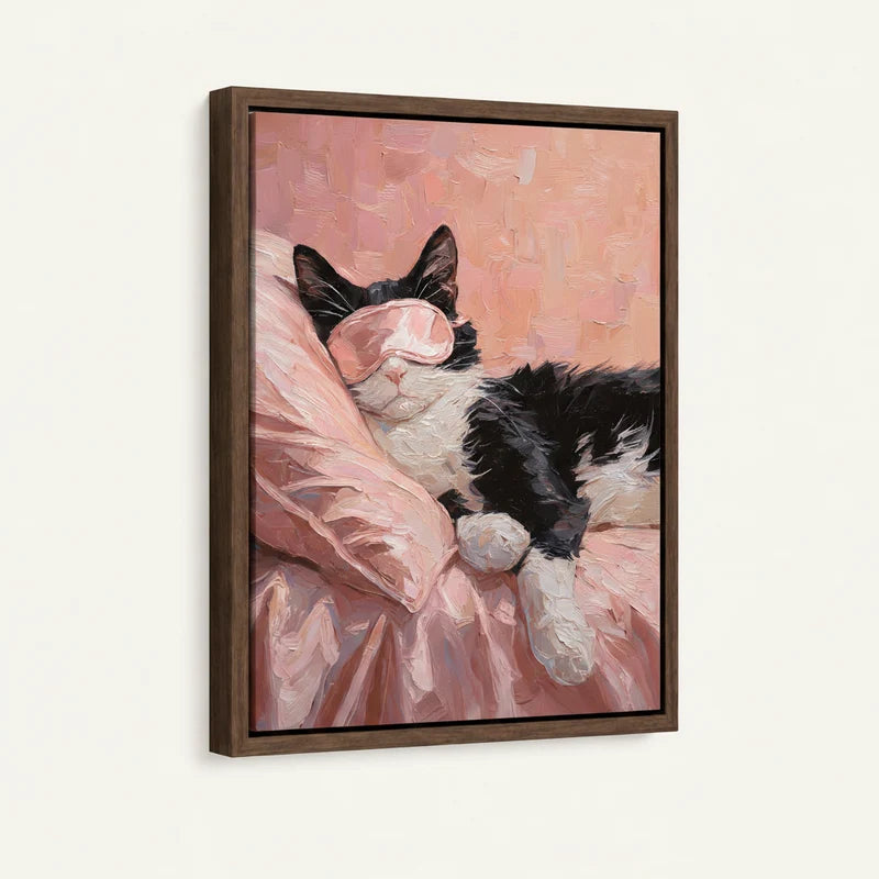 Side-angle view of framed impasto cat canvas showing thick brushstroke texture and blush pink tones