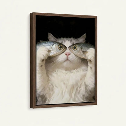 Floater-framed canvas angled view of white fluffy cat holding two fish over eyes on deep black background
