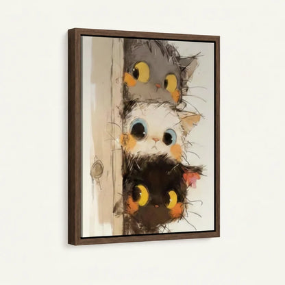 Close-up of three curious cats peeking door canvas in walnut floater frame, angled product shot on white background