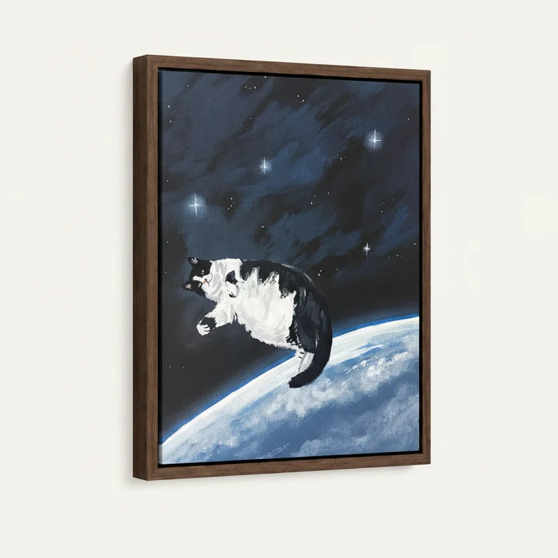 Side-angle view of dark wood floater frame showing tuxedo cat drifting above Earth with glowing stars in deep blue space