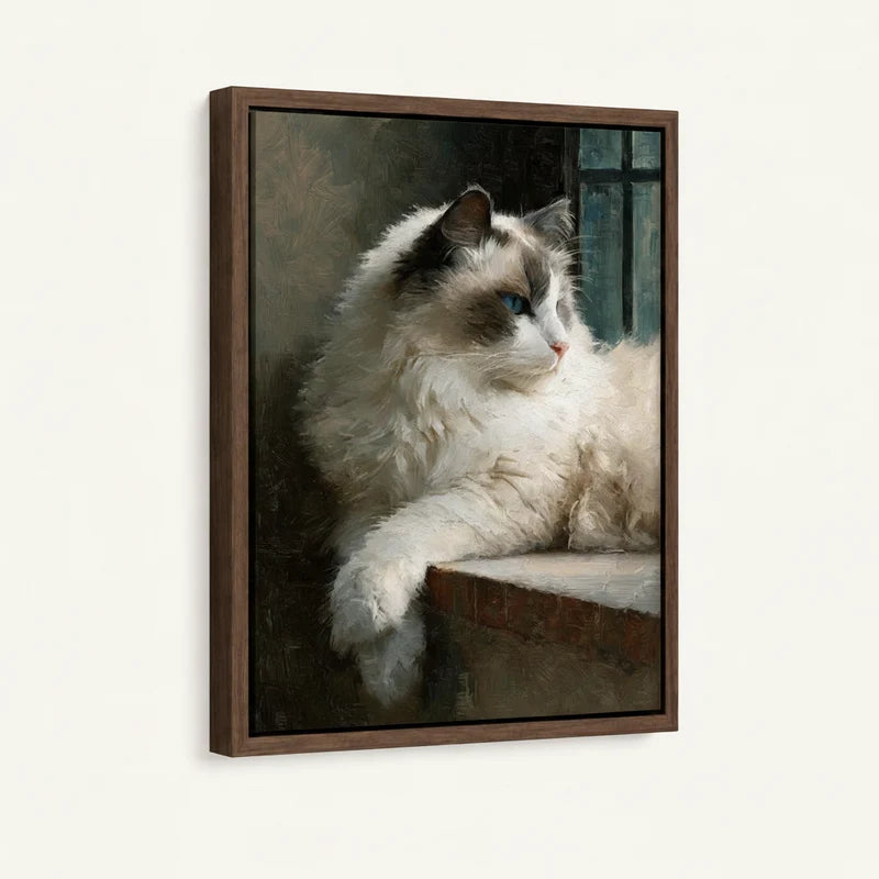 Floater-framed canvas angled view of Ragdoll cat resting on stone ledge, blue eyes gazing into moody dark background