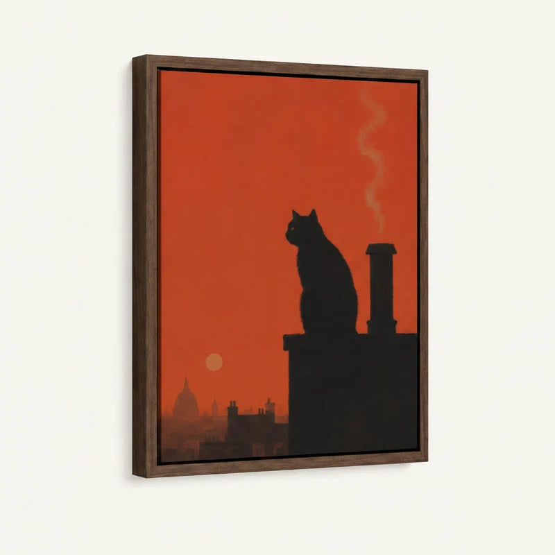 Close-up of black cat silhouette canvas in walnut floater frame, angled product shot on white background