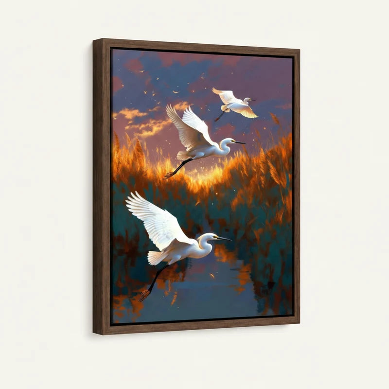 Angled framed canvas close-up of three white egrets rising over glowing teal and amber wetland at dusk