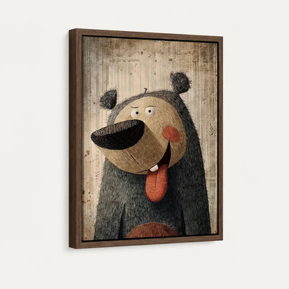 Side-angle view of framed goofy bear canvas showing earthy textures and weathered wood-grain background