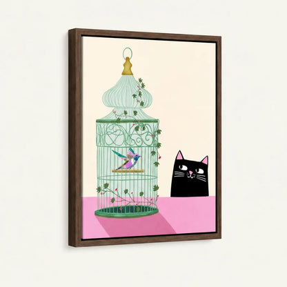 Framed canvas close-up of curious black cat peering at ornate mint birdcage with colorful hummingbird