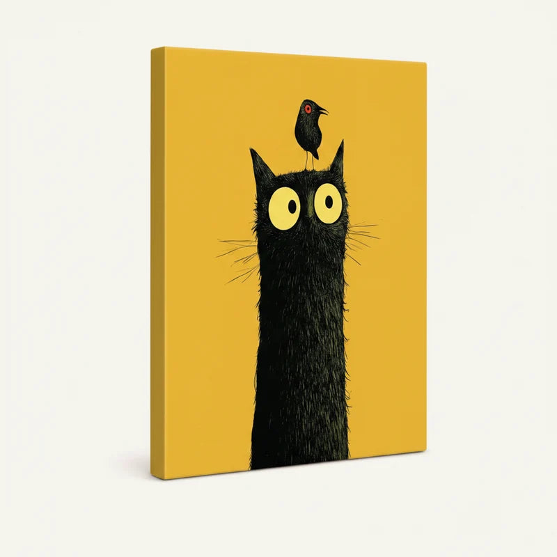 Gallery-wrapped funny black cat with bird on head canvas print shown on golden yellow background