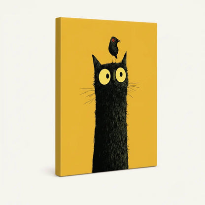 Gallery-wrapped funny black cat with bird on head canvas print shown on golden yellow background