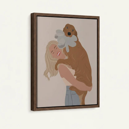 Framed canvas side view of laughing woman lifting brown dog with plush toy on warm blush background