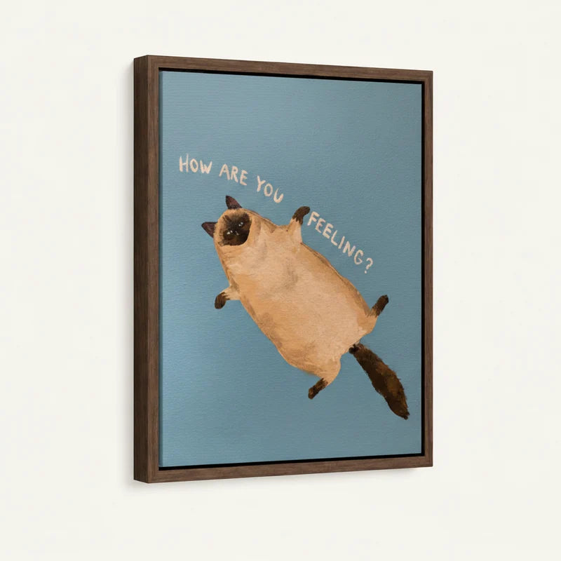 Framed canvas close-up of chubby floating cat with How Are You Feeling text on soft blue background