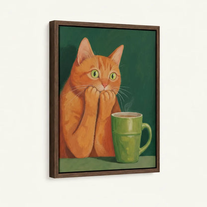 Orange cat with green coffee mug framed canvas with walnut floater frame on white background