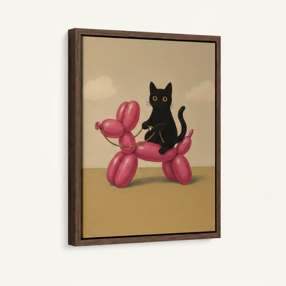 Close-up of framed black cat balloon dog canvas art with walnut floater frame detail
