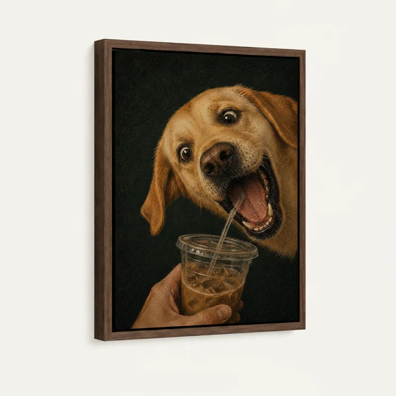 Funny dog canvas in dark walnut floater frame — golden Lab portrait with iced coffee straw