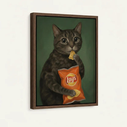 Framed canvas side view of tabby cat holding Lay's chips bag against deep forest green background