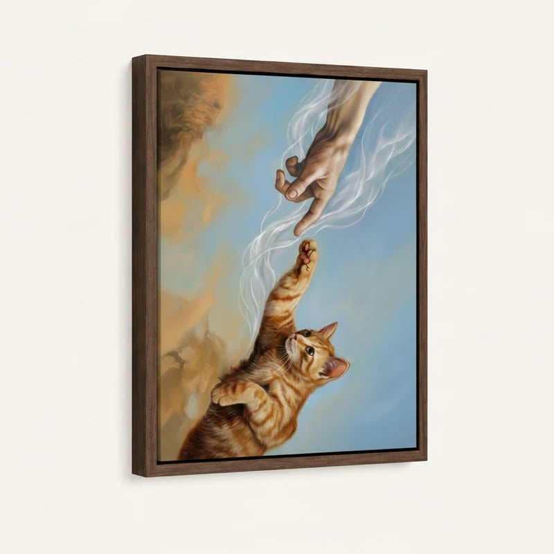 Creation of Cat framed canvas with dark walnut floater frame on white background, 3/4 view