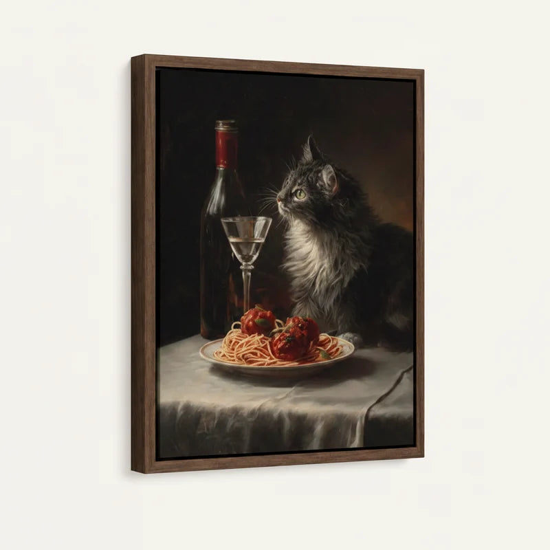 Funny cat dining scene canvas in dark walnut floater frame, 3/4 angle view on white background