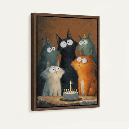 Close-up of five cartoon cats staring at a candle-lit cake — floater framed canvas side view