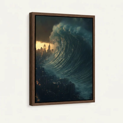 Angled framed floater canvas showing massive teal wave curling over glowing city skyline at dusk