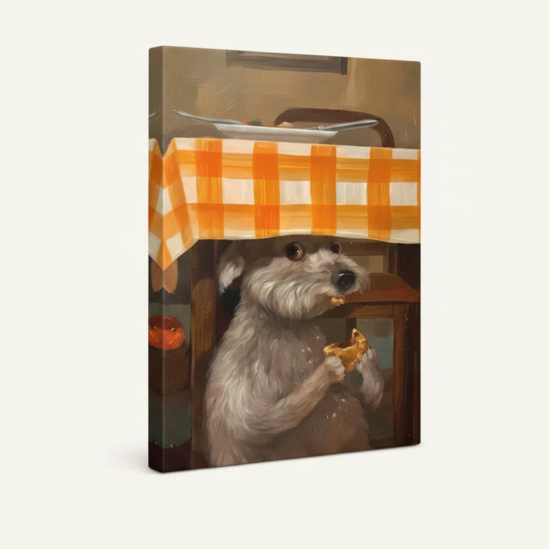 Gallery-wrapped funny schnauzer under tablecloth canvas print shown as standalone product on white background